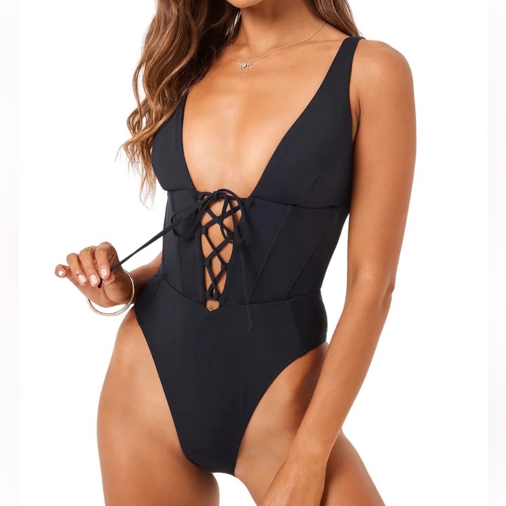 L*Space Black Lace-Up One Piece Swimsuit